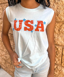 paper flower "I LOVE THE USA" Floral front/back Embroidery BLUE Graphic Tank