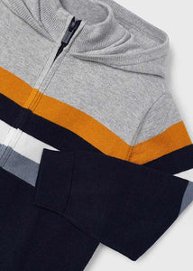 4349 74 mayoral Boys CARROT STRIPE Grey & Navy Half zip Sweater w/ Hood