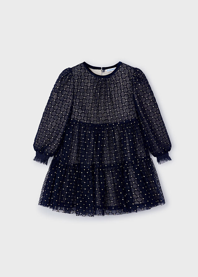 4910 86 mayoral Girls/Tween NAVY TULLE Print Dress