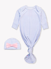 Load image into Gallery viewer, Ruffle Butts PERI &amp; WHITE MICRO STRIPE Knotted Sleep Gown &amp; Hat
