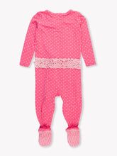 Load image into Gallery viewer, Ruffle Butts HOT PINK HEART POLKA DOT Footie
