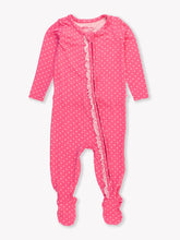 Load image into Gallery viewer, Ruffle Butts HOT PINK HEART POLKA DOT Footie
