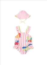 Load image into Gallery viewer, mayoral NB Girls BUTTERFLIES &amp; BUGS Pink Stipe Swimsuit w/HAT
