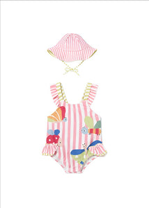 mayoral NB Girls BUTTERFLIES & BUGS Pink Stipe Swimsuit w/HAT