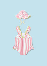 Load image into Gallery viewer, mayoral NB Girls BUTTERFLIES &amp; BUGS Pink Stipe Swimsuit w/HAT
