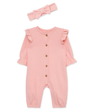 Load image into Gallery viewer, Little Me ORGANIC POINTELLE Pink Jumpsuit Set w/HEADBAND
