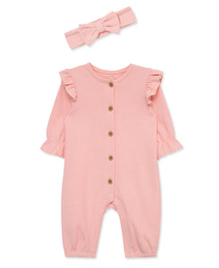 Little Me ORGANIC POINTELLE Pink Jumpsuit Set w/HEADBAND