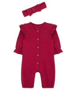 Little Me ORGANIC POINTELLE Berry Jumpsuit Set w/HEADBAND