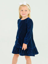 Load image into Gallery viewer, Ruffle Butts VELOUR Navy Long Sleeve Drop Waist Dress
