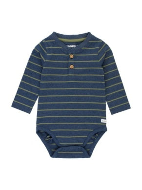 Rugged Butts HEATHER NAVY & DUSTY OLIVE STRIPE Knit Long Sleeve 2 Button Henley Bodysuit