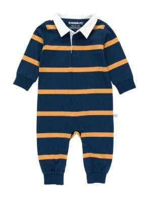 Rugged Butts NAVY & HONEY WIDE STRIPE Rugby Polo Romper