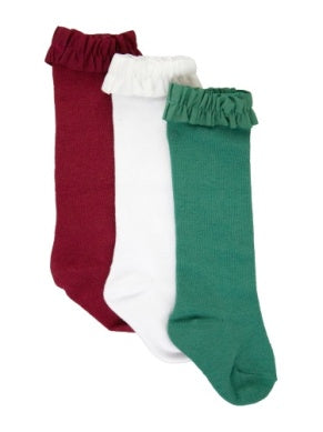 Ruffle Butts DARK CHERRY, WHITE, & FIR GREEN 3-Pack Knee High Socks